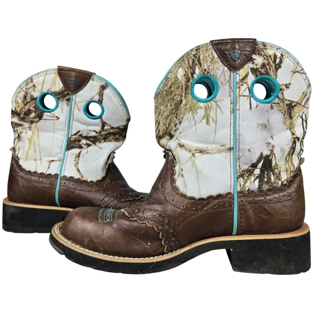 Ariat Fatbaby Camo Western Boots Brown Leather Teal Trim 10009503 Womens 7.5B